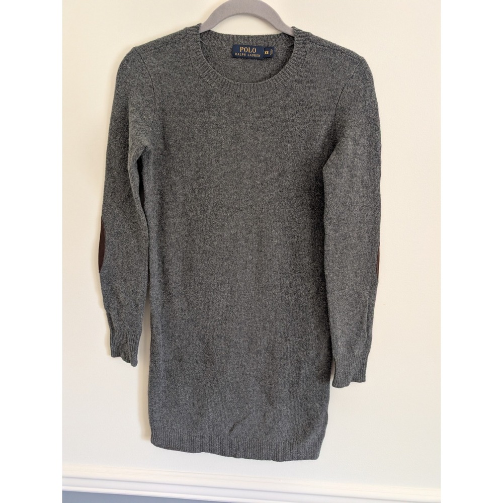 Polo Ralph Lauren Grey Merino Wool Cashmere Sweater Dress Suede Elbow Patches XS